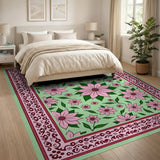 Pink Floral Green Area Rug with Ornate Border