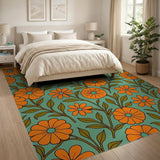 Retro Orange Floral Teal Area Rug