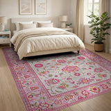 Pink Floral Border Vintage Area Rug