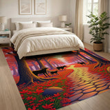 Red Autumn Forest Path Deer Silhouette Area Rug