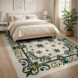 Ornate Green Cannabis Leaf Framed Rug