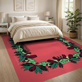 Ornate Teal Leaf Maroon Bud Border Pink Rug