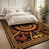 Vibrant Orange Sun Mandala Rug with Birds Foliage