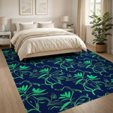 Neon Green Abstract Leaves on Navy Area Rug