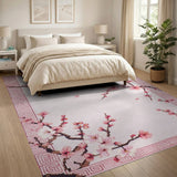 Pink Cherry Blossom Area Rug with Greek Key Border