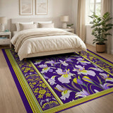 Purple Iris Floral Area Rug with Ornate Gold Border