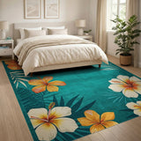 Distressed Teal Hibiscus and Palm Rug