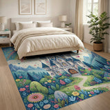 Washable Whimsical Rainbow Fairy Tale Castle Kids Area Rug