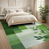 Green Geometric Textured Area Rug with Leaves