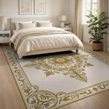 Cream Gold Ornate Floral Medallion Rug