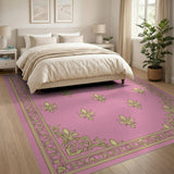 Elegant Pink Fleur-de-Lis Area Rug with Gold Border