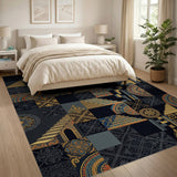 Black Gold Geometric Stair Mandala Patchwork Rug