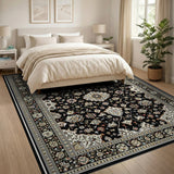 Black Persian Area Rug with Ivory Floral Motifs