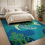 Teal Sea Turtle Coastal Coastal Beach Area Rug