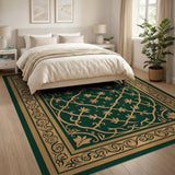 Ornate Green Persian Rug with Gold Vines