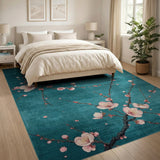 ODIKA Washable Teal Japanese Cherry Blossom Floral Low Pile Area Rug