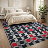 Modern Black Grey Red Checkered Area Rug