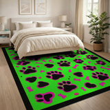Playful Neon Green Paw Prints Pink Bones Area Rug