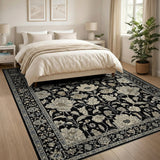 ODIKA Vintage Black & Ivory Floral Washable Low Pile Area Rug