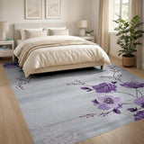 Purple Peony Floral Grey Area Rug