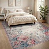 Vintage Pink Peony Garden Rug with Birds Butterflies