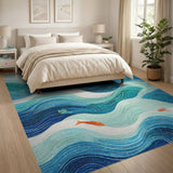 Ocean Waves Blue Teal Area Rug with Koi Fish
