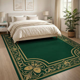 Elegant Emerald Green Rug with Gilded Floral Border