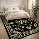 Black Gold Ornate Floral Border Area Rug