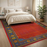 Red Persian Area Rug with Ornate Multi-Color Borders