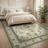 Beige and Neutral Cream Persian Floral Area Rug with Green Border
