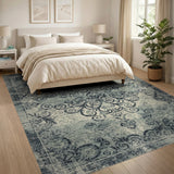 Blue Teal Distressed Vintage Scroll Area Rug