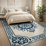 Cream Navy Blue Traditional Persian Medallion Rug