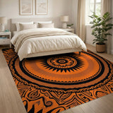 Fiery Orange Mandala Area Rug with Black Geometric Patterns