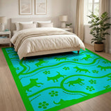 Playful Green Dog Silhouettes Teal Area Rug