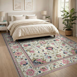 Pink Floral Vintage Area Rug Cream Field