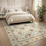 Beige and Neutral Ivory Persian Floral Area Rug with Red Blooms