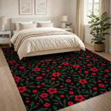 Red Poppy Floral Area Rug on Black