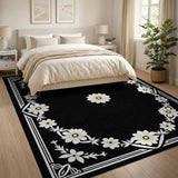 Ornate Black White Daisy Floral Area Rug