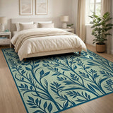 Teal Foliage and Bird Floral Area Rug