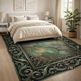 Ornate Green Patina Distressed Vintage Area Rug