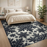 Intricate Snowflake Black White Geometric Area Rug