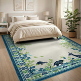 Navy Blue Floral Border Area Rug with Deer Birds