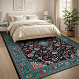 Black Persian Area Rug with Teal Red Florals