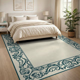 Blue and Teal Ornate Teal Floral Border Cream Area Rug