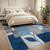Blue Teal Geometric Leaf Abstract Area Rug
