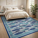 Stylized Blue Fish Coastal Area Rug