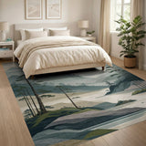 Misty Teal Mountains Pine Landscape Area Rug