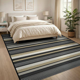 Beige and Neutral Black Beige Horizontal Striped Area Rug