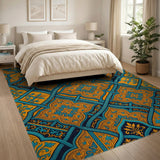Blue and Teal Teal Gold Persian Medallion Area Rug