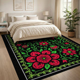 Vibrant Red Floral Area Rug on Black